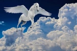 A winged horse flying above the clouds