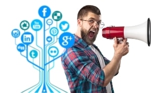 A man screaming into a megaphone, standing along side a depiction of social networks