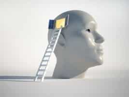 Why Change Guitar Strings - A head with a ladder leading up to an open door into the brain