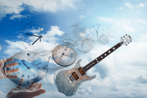 Learning Guitar Solos - An image of a guitar floating in the sky with a series of clocks