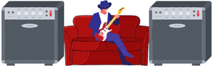 Best Couch Guitar - A guy playing an electric guitar on a couch with two big amplifiers