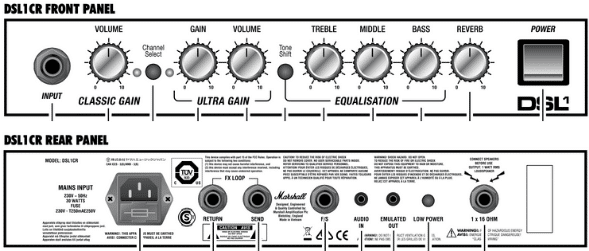 Marshall DSL1C Review - The front and rear control panels of the amp
