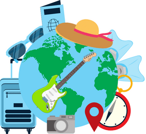 Guitar String Gauge Guide – Planet Earth, surrounded and covered by travel icons and an electric guitar