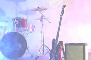 A photo of musical equipment on a stage with a bullseye