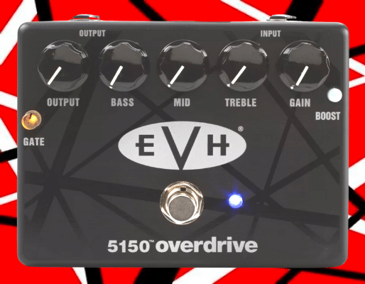 MXR EVH 5150 Overdrive Review - The 5150 overdrive pedal on a FrankenStrat background