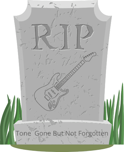 Fix Guitar String - A tombstone with a picture of an electric guitar on it and an inscription that says "tone gone but not forgotten."