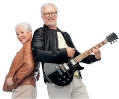Learning Guitar For Seniors - Elderly couple with a man playing a Les Paul guitar.
