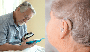 Learning Guitar For Seniors - An image of a man reading a book with a magnifying glass and a woman with a hearing aid.