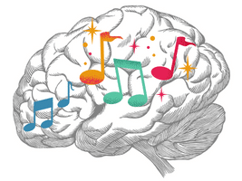 Learning Guitar For Seniors - An image of a human brain with musical notes on it.