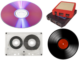 An image of a CD, vinyl album, cassette tape, and an 8-track tape.