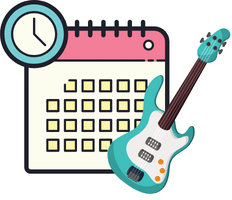 Relax When Playing Guitar – An image of a playing schedule and a blue electric guitar