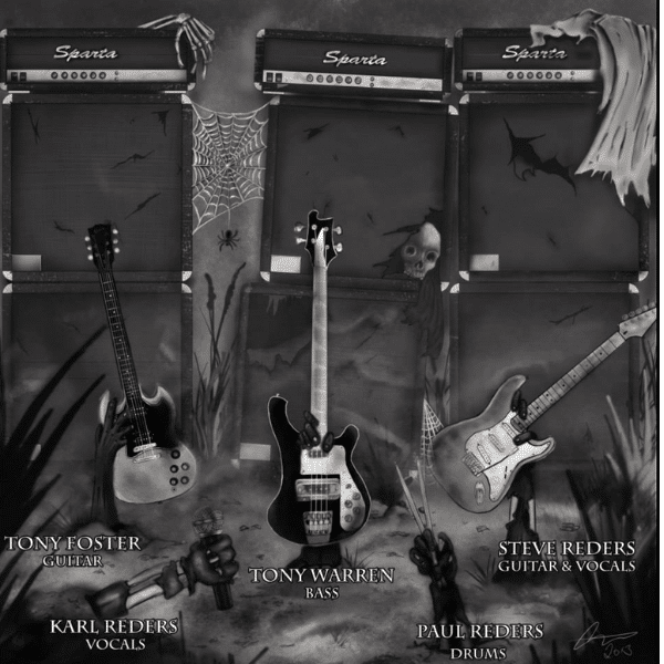 Sparta UK - An image of the Band Members' names over a background of amplifiers and guitars.