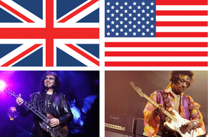 Where Did Heavy Metal Originate - An image of Tony Iommi playing under the British flag and Jimi Hendrix playing under the American flag.