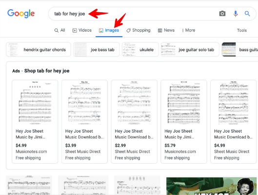 Best Guitar TAB Sites – Finding TAB for "Hey Joe" by Google Images search