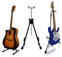 How To Store A Guitar – An acoustic and an electric guitar on a stand, with an empty guitar stand between them.