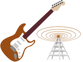 Wireless Guitar System - An image of an electric guitar next to a wireless transmitter.
