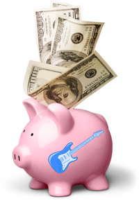 Online Guitar Shopping - An image of a piggy bank with an electric guitar on the side of it.