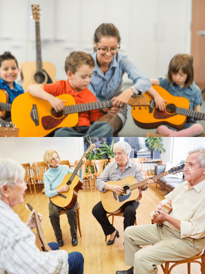 Why Learn To Play The Guitar - A photo that shows younger and older people playing the guitar.