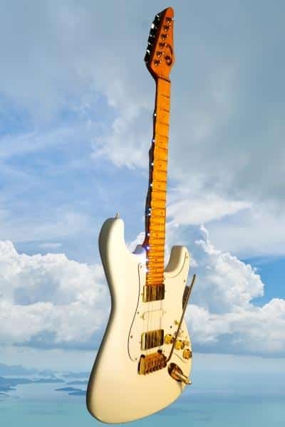 Super Strat Guitars - An image of the Sky Strat guitar floating in the air with the sky in the background