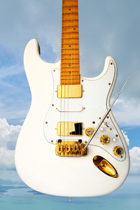 Super Strat Guitars - An image of the lower two-thirds of the Sky Strat guitar floating in the air with the sky in the background
