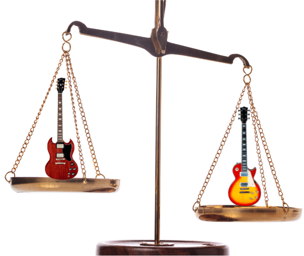 Is A Heavier Or Lighter Electric Guitar Better - Gibson SG and Les Paul guitars being weighed on a scale