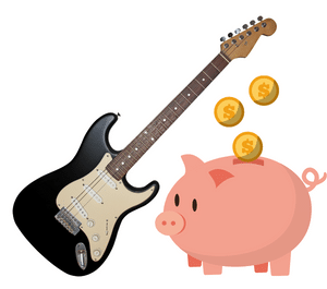 When To Buy Your Second Guitar - An image of an electric guitar adjacent to a piggy bank