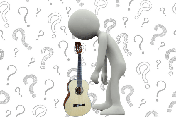 Is Playing A Guitar A Talent Or Skill - Someone standing near a guitar and having doubts about being able to play it. There are question marks in the background.