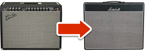 Make A Fender Amp Sound Like A Marshall - An image of a Fender amp with a red arrow pointing to a Marshall amp