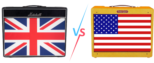 British Vs American Guitar Amplifiers - An image of a Marshall amp with a British flag and a Fender amp with an American flag