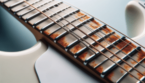 How To Prevent Electric Guitar Strings From Rusting - Close-up of a Stratocaster neck with rusty strings.