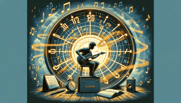 Conquering The Fretboard - A guitar player practicing on a schedule, with an image of a clock in the background