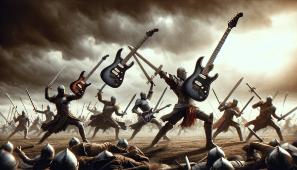 Why Light Gauge Guitar Strings Break Easier - An epic battle with some soldiers holding electric guitars