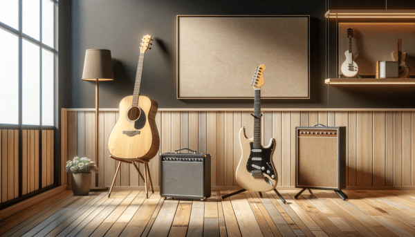 Why Light Gauge Guitar Strings Break Easier - A music room with an acoustic guitar and an electric guitar.