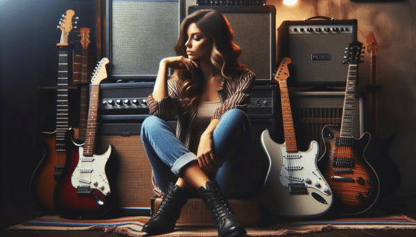 Choosing The Right Amp For Your Style Of Play - A young woman sitting in front of a pile of different guitar amplifiers.