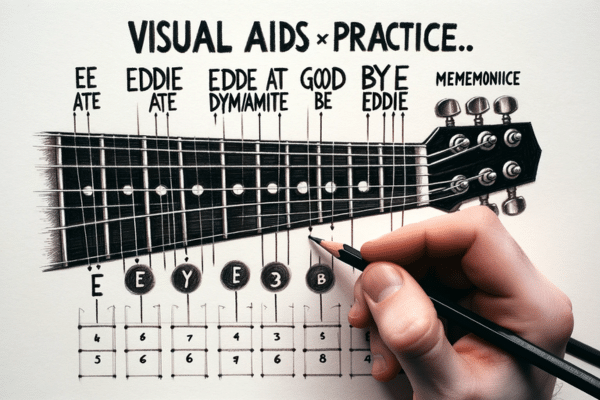 How To Remember Guitar String Names - An image of someone drawing a guitar new with visual aids